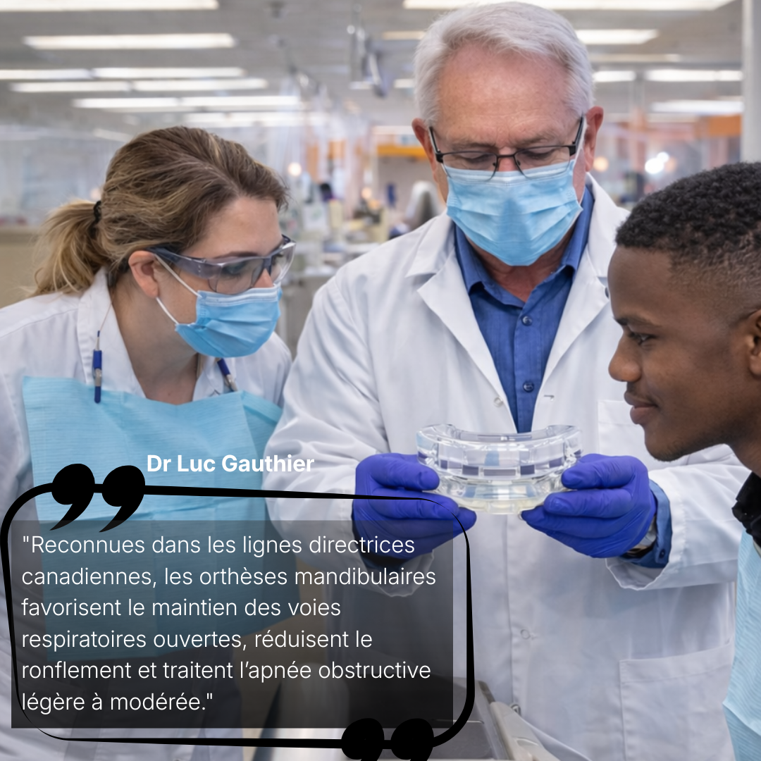Médecins en laboratoire analysant une orthèse mandibulaire anti-ronflement - orthèse reconnue pour réduire les ronflements et traiter l'apnée obstructive légère