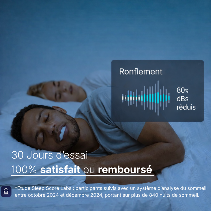 Homme qui dort paisiblement sans ronfler à côté de sa femme avec une orthèse d'avancement mandibulaire anti-ronflement CalmNox dans la bouche - 30 nuits d'essai 100% satisfait ou remboursé