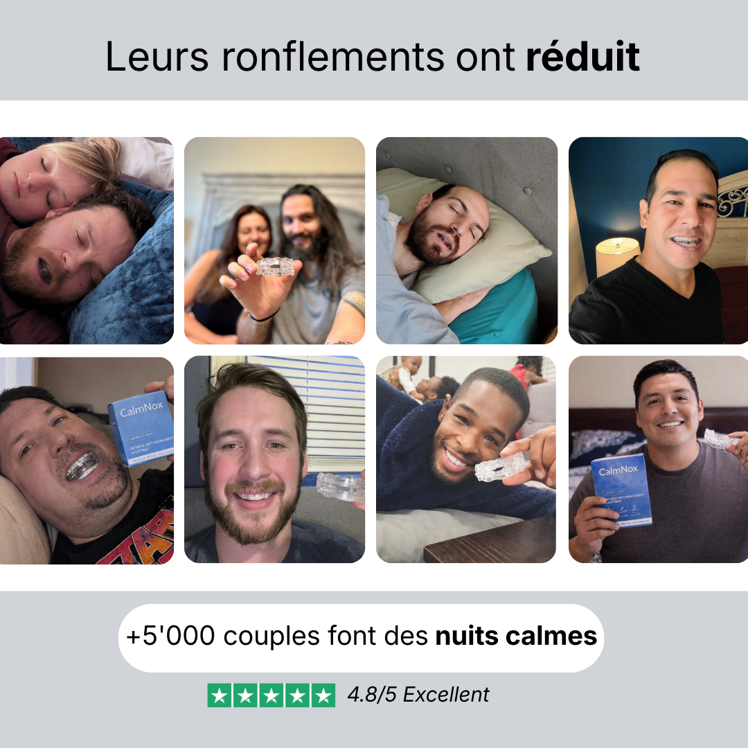 Avis clients CalmNox - plus de 5000 couples font des nuits calmes grâce à l'orthèse anti-ronflement et apnée du sommeil legère à modérée - note 4.8/5 sur Trustpilot. Ils ne font plus des nuits séparées: 
