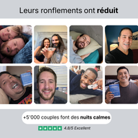 Avis clients CalmNox - plus de 5000 couples font des nuits calmes grâce à l'orthèse anti-ronflement et apnée du sommeil legère à modérée - note 4.8/5 sur Trustpilot. Ils ne font plus des nuits séparées: 
